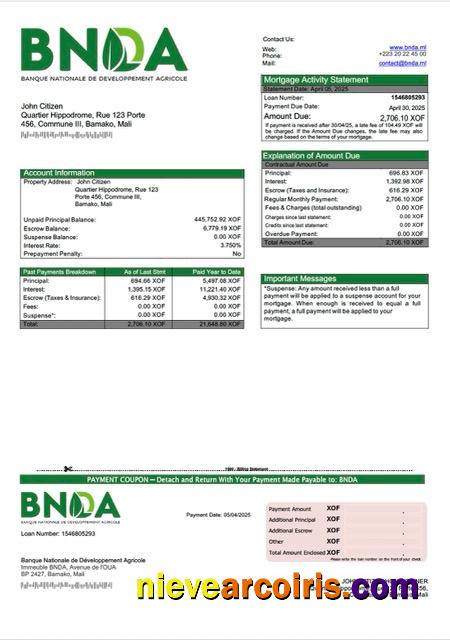Mali Banque Nationale de Développement Agricole (BNDA) mortgage statement Word and PDF template